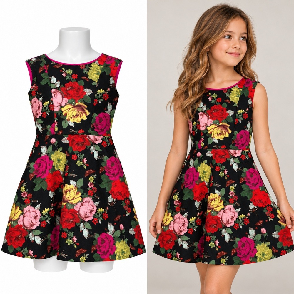 Baker by Ted Baker Dress Girls 8 Black Floral Sleeveless Fit Flare Party Wedding